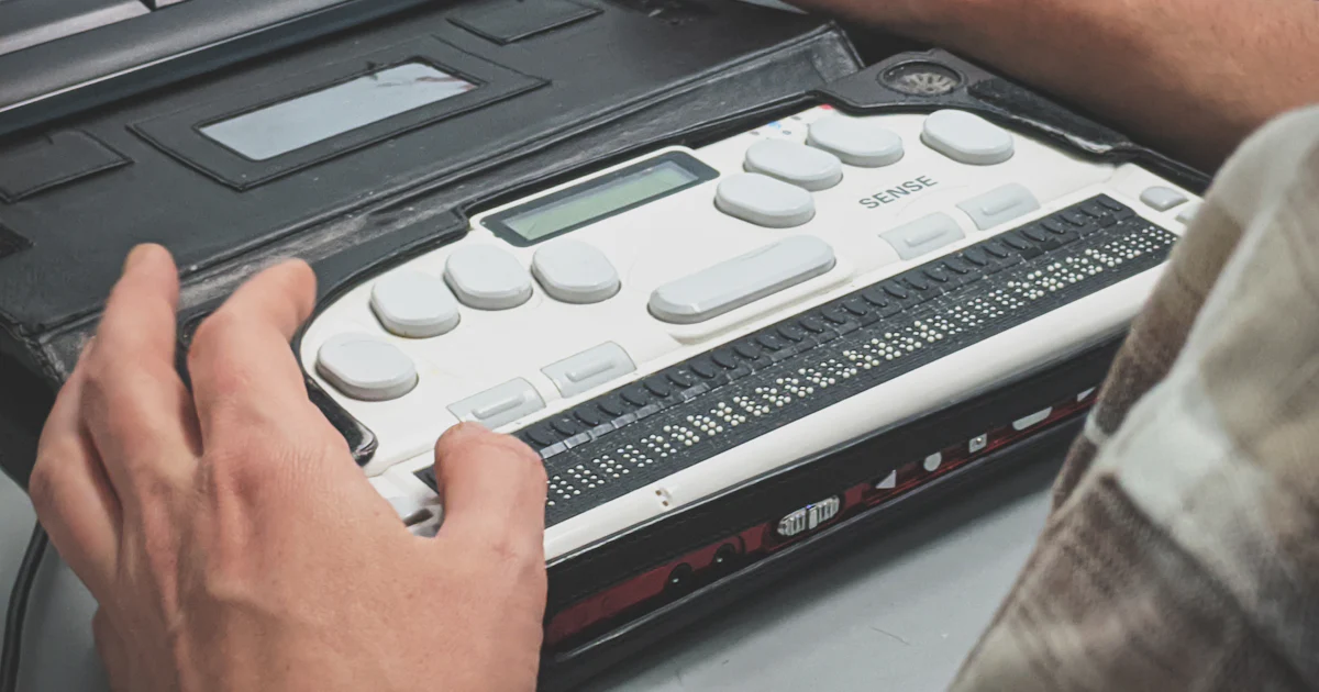 A person using a refreshable braille display next to a computer keyboard