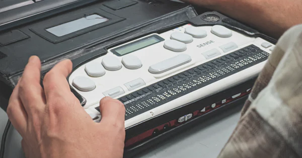 Close-up of hands on a refreshable braille display beside a standard computer keyboard
