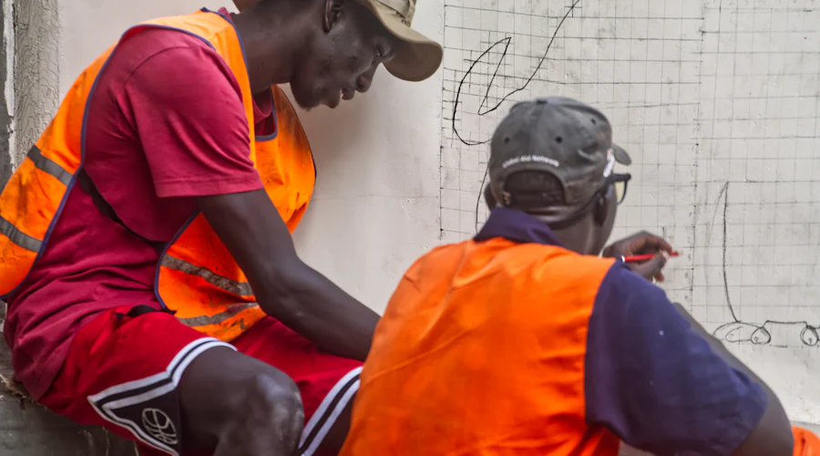 Two workers in high-visibility vests crouched at a wall, setting out a grid and marking measurements by hand