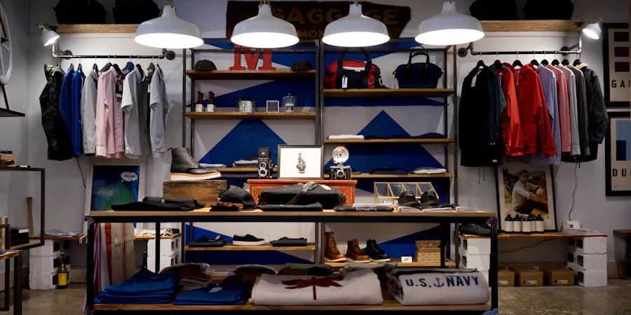 The interior of a small clothing shop, with stock laid out on open wooden shelving under pendant lights