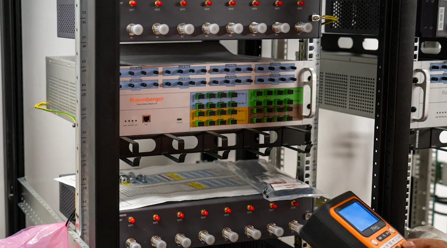 Equipment mounted in a server rack with patch panels and a handheld test meter resting against it during maintenance