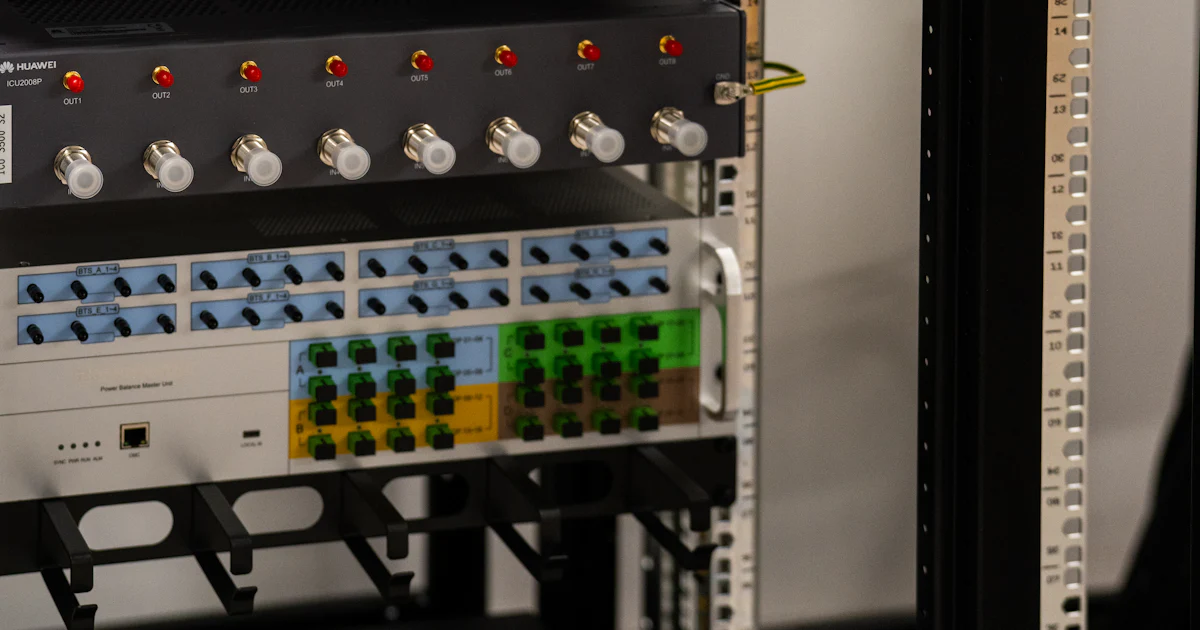 A server rack with fibre patch panels, port blocks and cable management rails, the kind of hardware a website is hosted on
