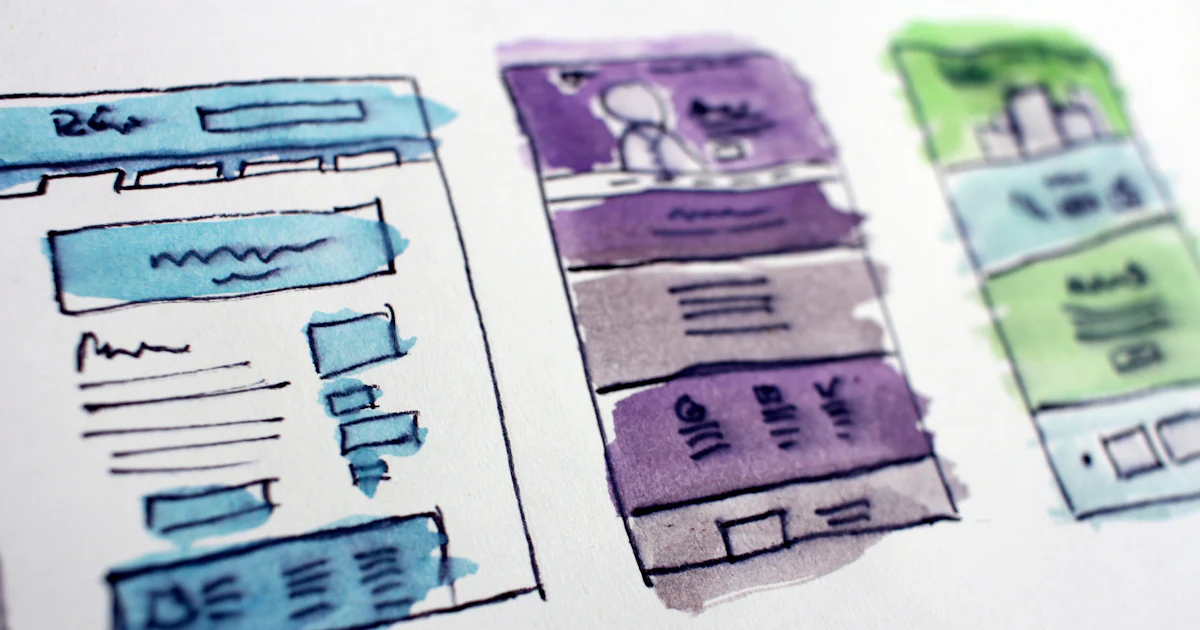 Hand-drawn watercolour wireframe sketches of website page layouts on paper