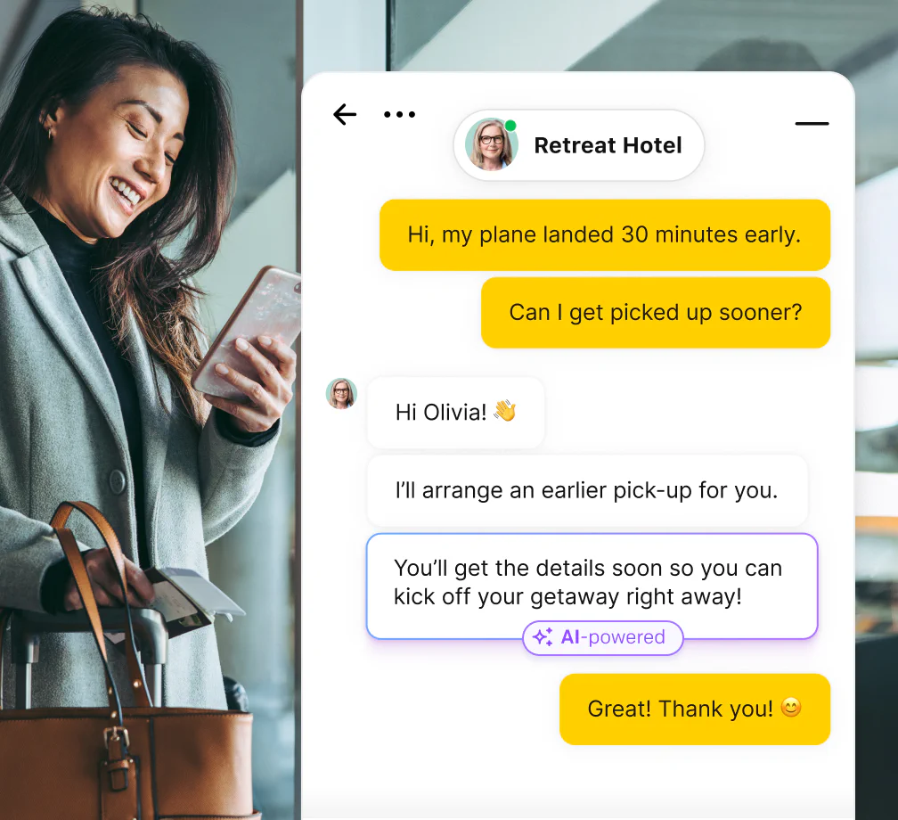 An AI chatbot answering a hotel guest on a phone