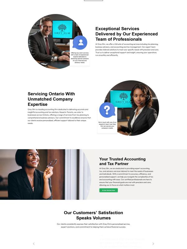 Home page of a Toronto accounting firm website showing services, credentials and a book a consultation button