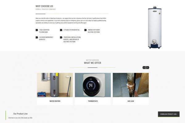 HVAC contractor website home page with service areas and contact details