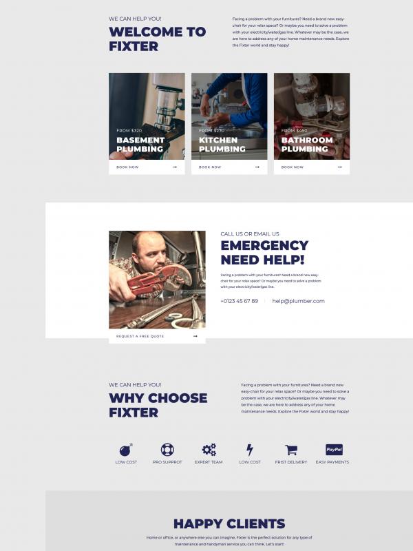 Home page of a plumbing company website showing the phone number, emergency service and a request a quote button